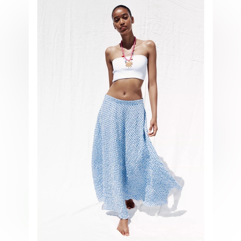 ZARA GINGHAM MIDI FLARED SKIRT